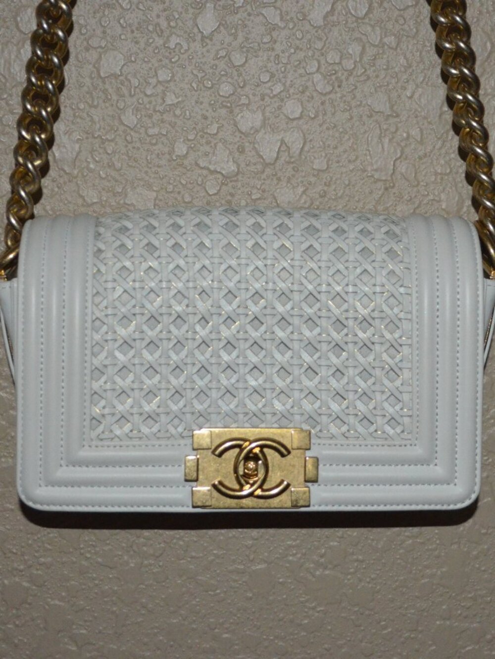 Chanel White Braided Leather Boy Bag Chain Strap Crossbody Shoulder Handbag